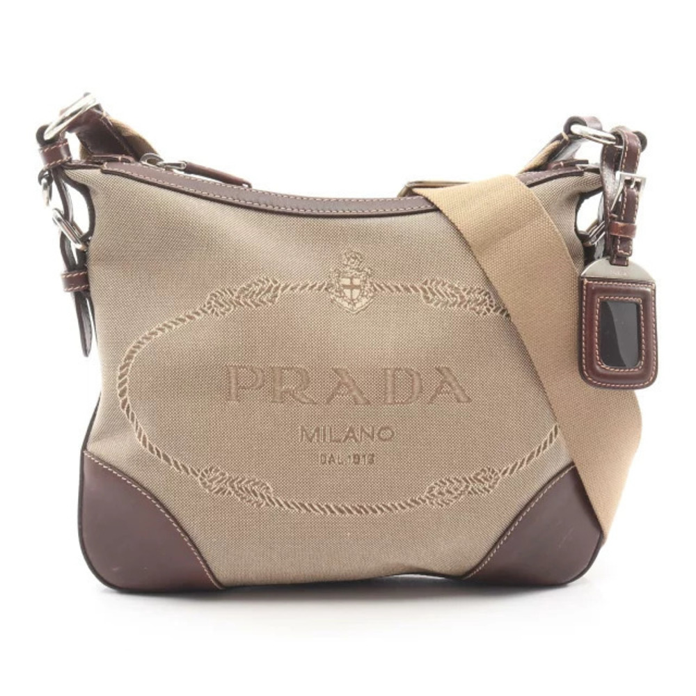 Prada JACQUARD Shoulder Bag Canvas Leather Beige Cream Brown
